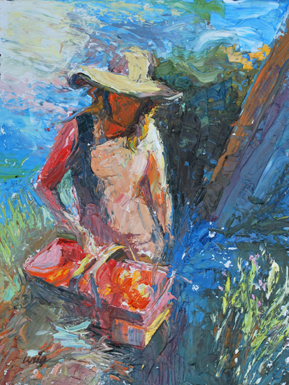 Woman with Basket Study, 6 x 4 inches, oil on panel