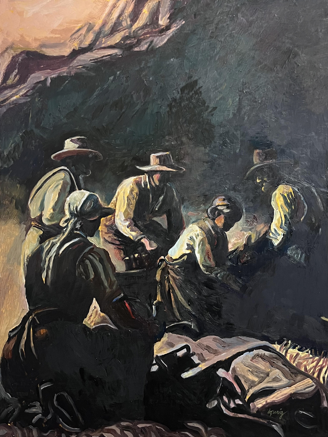 Farming-Working-Together a painting of a group of people in hats